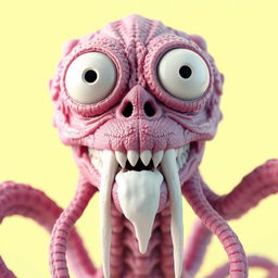 A detailed close-up 3D rendering of a surreal creature's head, crafted from a pinkish-purple material that showcases intricate textures and patterns