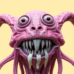 A detailed close-up 3D rendering of a surreal creature's head, crafted from a pinkish-purple material that showcases intricate textures and patterns