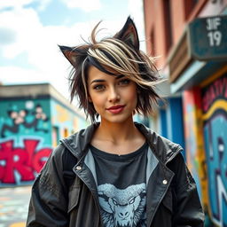 A trendy young woman with a distinctive wolfcut hairstyle, featuring choppy layers and voluminous texture, standing in a vibrant urban setting