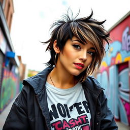 A trendy young woman with a distinctive wolfcut hairstyle, featuring choppy layers and voluminous texture, standing in a vibrant urban setting
