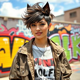 A trendy young woman with a distinctive wolfcut hairstyle, featuring choppy layers and voluminous texture, standing in a vibrant urban setting