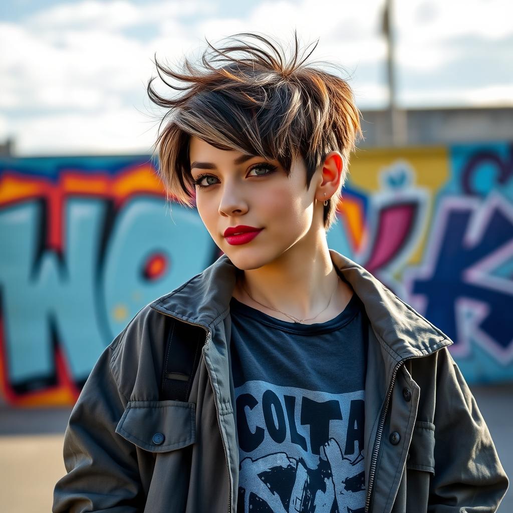 A trendy young woman with a distinctive wolfcut hairstyle, featuring choppy layers and voluminous texture, standing in a vibrant urban setting