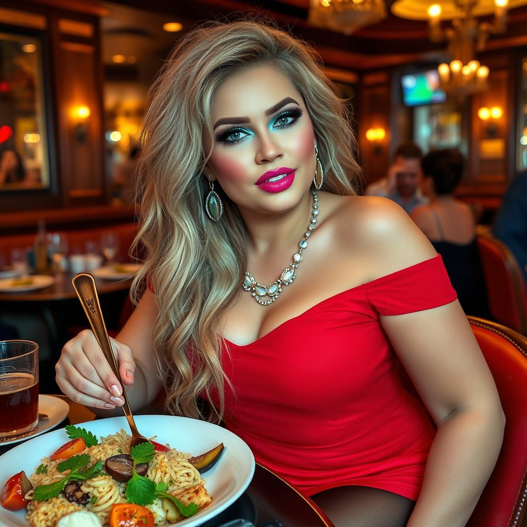A sexy, beautiful, thick curvy 18-year-old woman with very thick, long, messy dirty blond hair and striking crystal blue eyes
