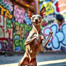 A funky urban setting featuring a Peruvian hairless dog with a kind, smiling face, gracefully striking a yoga pose