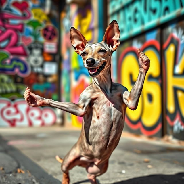 A funky urban setting featuring a Peruvian hairless dog with a kind, smiling face, gracefully striking a yoga pose