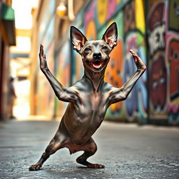 A funky urban setting featuring a Peruvian hairless dog with a kind, smiling face, gracefully striking a yoga pose