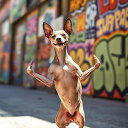 A funky urban setting featuring a Peruvian hairless dog with a kind, smiling face, gracefully striking a yoga pose