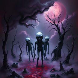 A surreal and eerie scene featuring an abstract representation of horror, blending elements of the macabre with a strange fascination