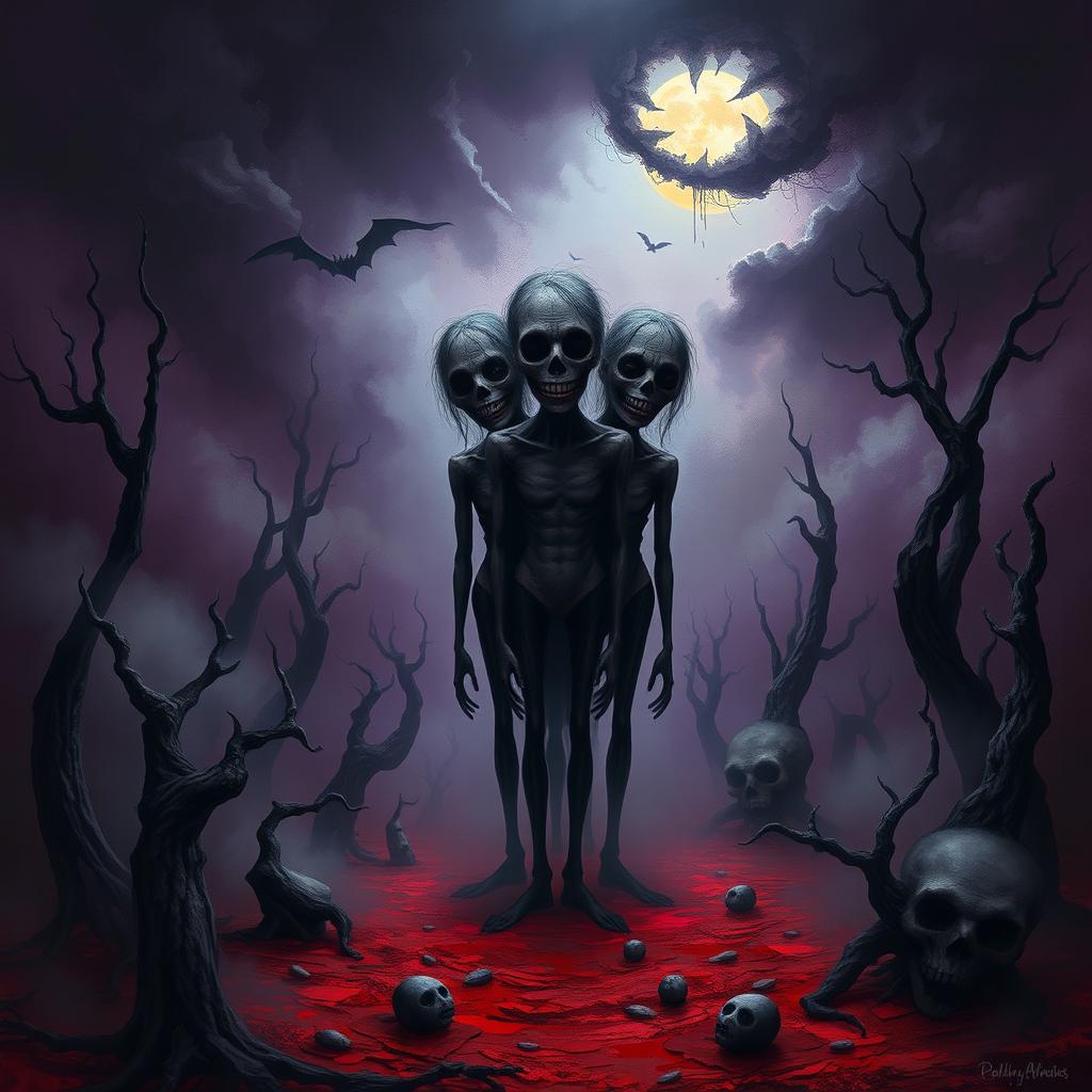 A surreal and eerie scene featuring an abstract representation of horror, blending elements of the macabre with a strange fascination