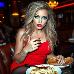 A sexy, beautiful, thick curvy 18-year-old woman with very thick, long, messy dirty blond hair and striking crystal blue eyes