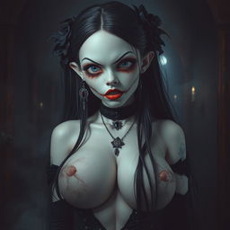 A spooky scene featuring a girl with an eerie, horror-themed aesthetic, including pale skin, long dark hair, and a frightening expression