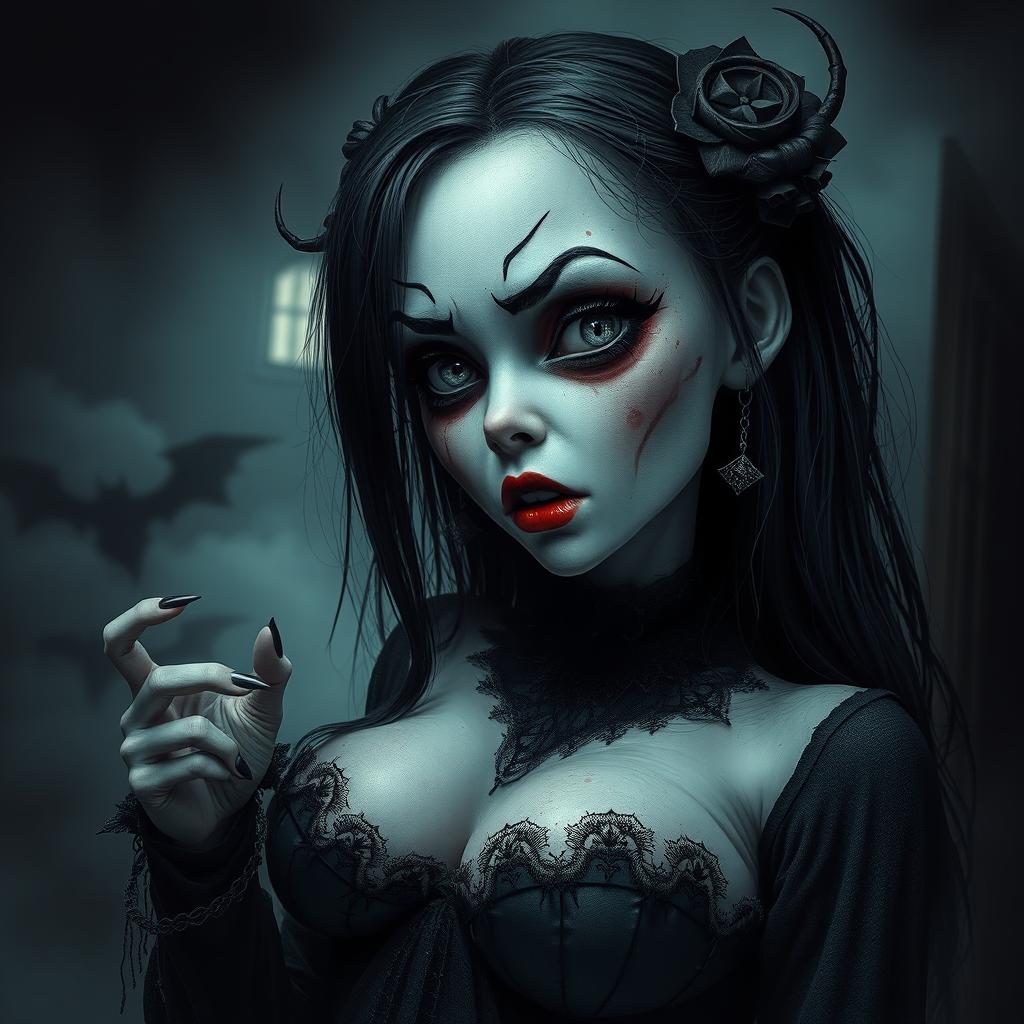A spooky scene featuring a girl with an eerie, horror-themed aesthetic, including pale skin, long dark hair, and a frightening expression