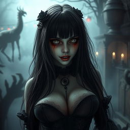 A spooky scene featuring a girl with an eerie, horror-themed aesthetic, including pale skin, long dark hair, and a frightening expression