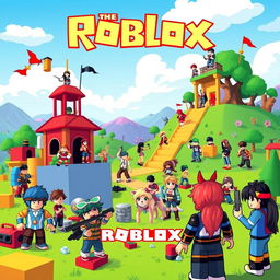 A bright and colorful illustration of a Roblox gaming environment featuring various characters engaged in different activities, such as building, exploring, and playing mini-games