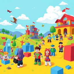 A bright and colorful illustration of a Roblox gaming environment featuring various characters engaged in different activities, such as building, exploring, and playing mini-games