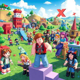 A bright and colorful illustration of a Roblox gaming environment featuring various characters engaged in different activities, such as building, exploring, and playing mini-games