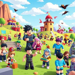 A bright and colorful illustration of a Roblox gaming environment featuring various characters engaged in different activities, such as building, exploring, and playing mini-games