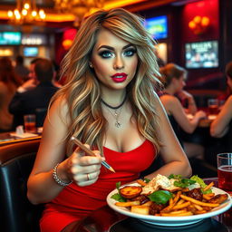 A sexy, beautiful, thick curvy 18-year-old woman with long, messy dirty blond hair and captivating crystal blue eyes