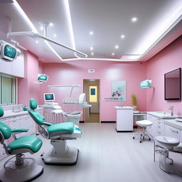 A modern, clean, and well-lit dental clinic with state-of-the-art dental equipment, comfortable seating in the waiting area and reassuring, calming colors on the walls.