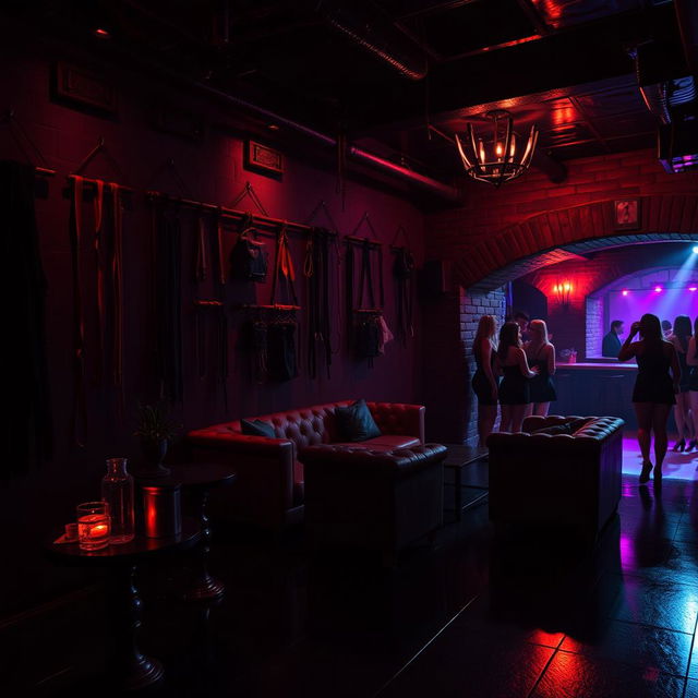 A dimly lit BDSM dungeon nightclub, featuring stunning gothic architectural elements