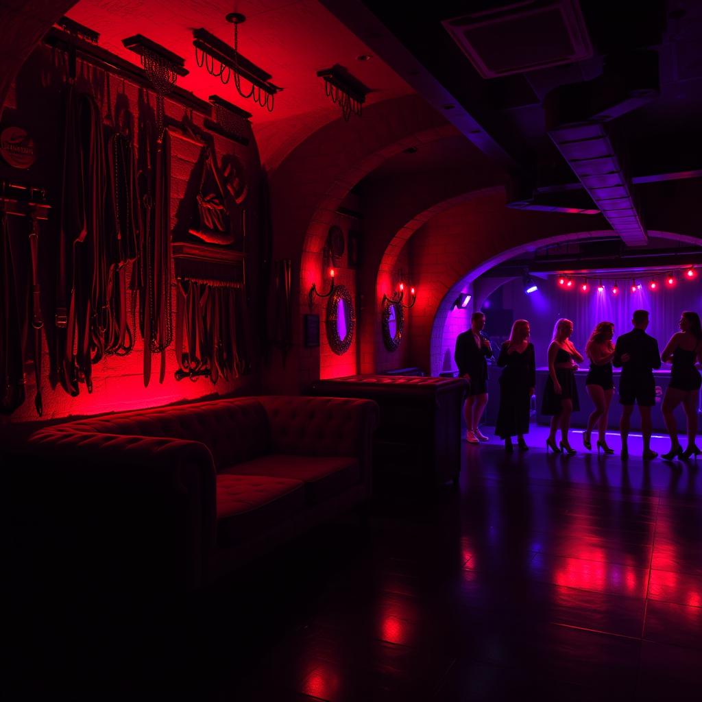 A dimly lit BDSM dungeon nightclub, featuring stunning gothic architectural elements