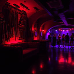 A dimly lit BDSM dungeon nightclub, featuring stunning gothic architectural elements