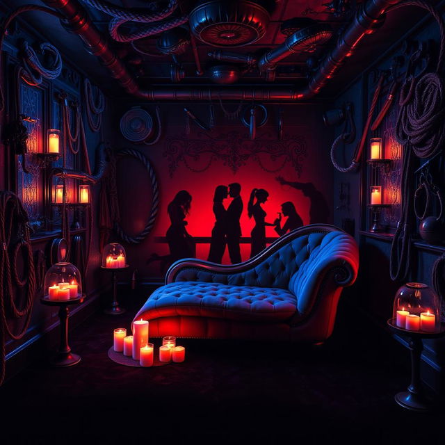 A richly detailed bondage nightclub featuring an underground dungeon aesthetic, with dim blue and red lighting creating a seductive atmosphere