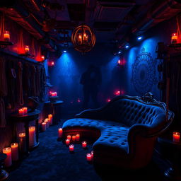 A richly detailed bondage nightclub featuring an underground dungeon aesthetic, with dim blue and red lighting creating a seductive atmosphere