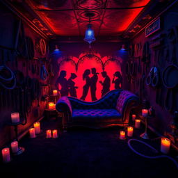A richly detailed bondage nightclub featuring an underground dungeon aesthetic, with dim blue and red lighting creating a seductive atmosphere