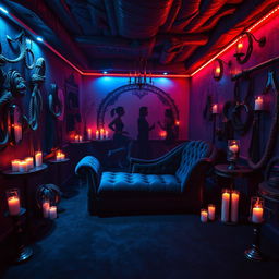 A richly detailed bondage nightclub featuring an underground dungeon aesthetic, with dim blue and red lighting creating a seductive atmosphere