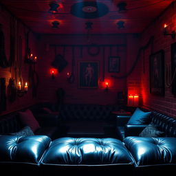An immersive background of a bondage dungeon club, showcasing a mysterious and inviting atmosphere
