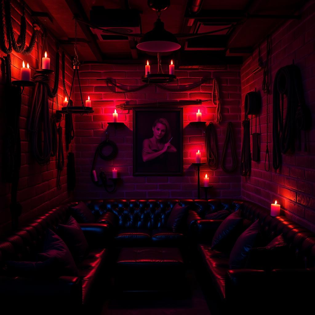 An immersive background of a bondage dungeon club, showcasing a mysterious and inviting atmosphere