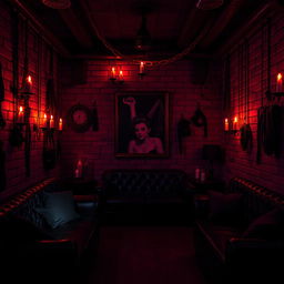 An immersive background of a bondage dungeon club, showcasing a mysterious and inviting atmosphere