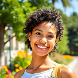 A young woman with curly black hair, showcasing a vibrant and lively personality