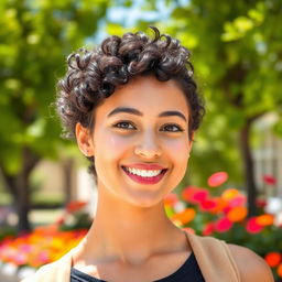 A young woman with curly black hair, showcasing a vibrant and lively personality
