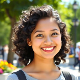 A young woman with curly black hair, showcasing a vibrant and lively personality