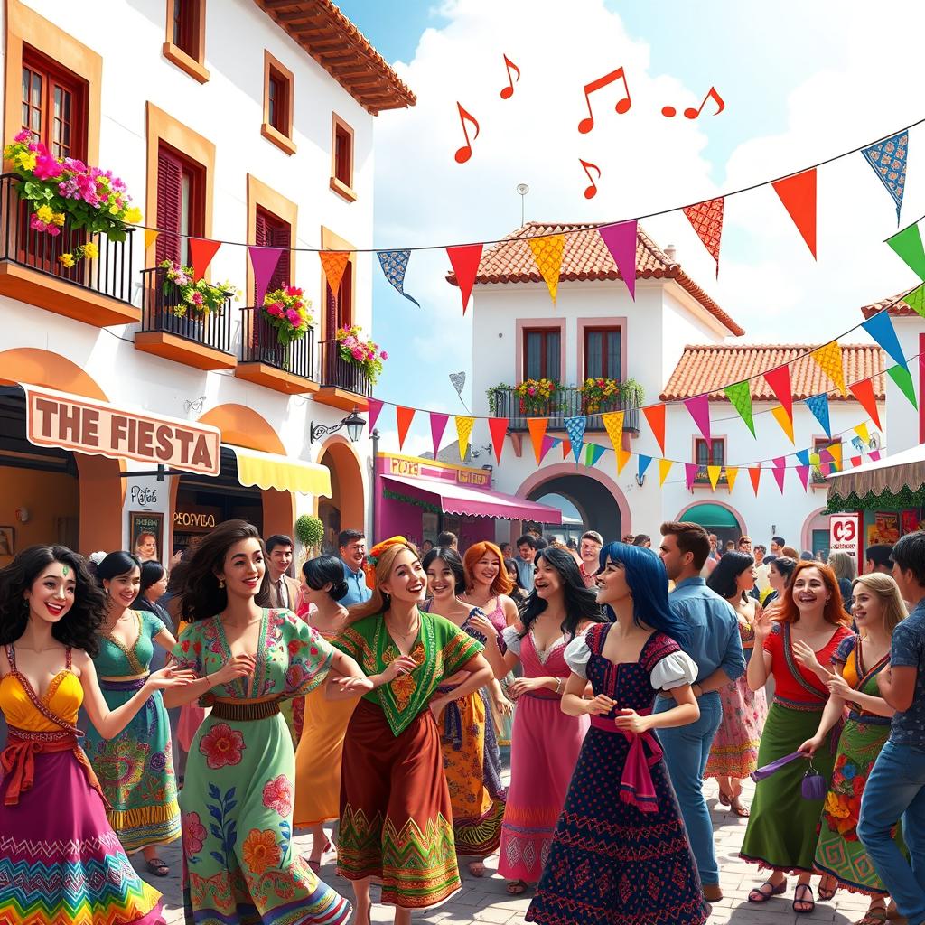 A vibrant and animated scene depicting a lively fiesta in a colorful plaza