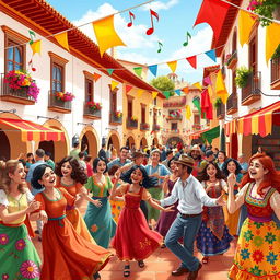 A vibrant and animated scene depicting a lively fiesta in a colorful plaza