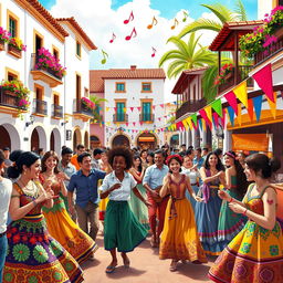 A vibrant and animated scene depicting a lively fiesta in a colorful plaza