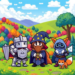 A vibrant and colorful scene featuring various pixel art characters, each with unique designs and expressions