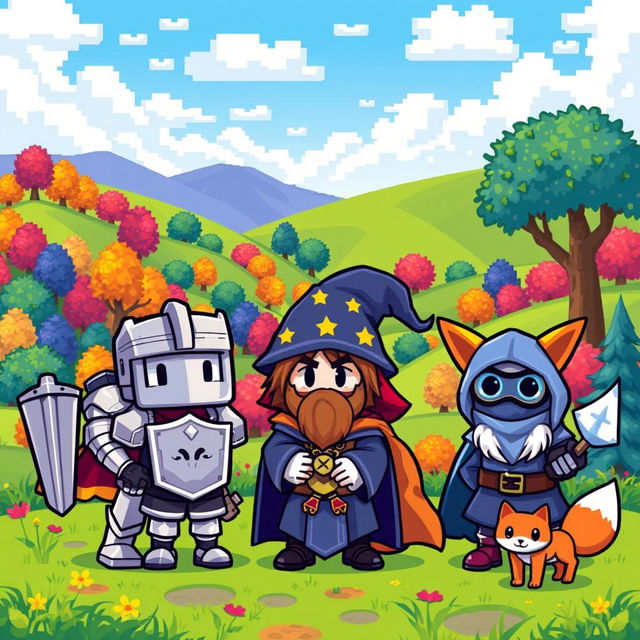 A vibrant and colorful scene featuring various pixel art characters, each with unique designs and expressions