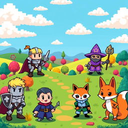 A vibrant and colorful scene featuring various pixel art characters, each with unique designs and expressions
