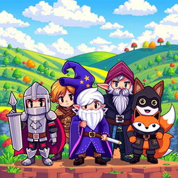 A vibrant and colorful scene featuring various pixel art characters, each with unique designs and expressions