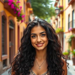 A young Spanish woman with long curly black hair, radiating warmth and confidence