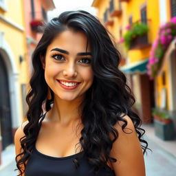 A young Spanish woman with long curly black hair, radiating warmth and confidence