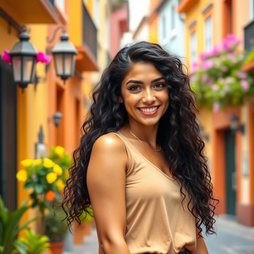 A young Spanish woman with long curly black hair, radiating warmth and confidence