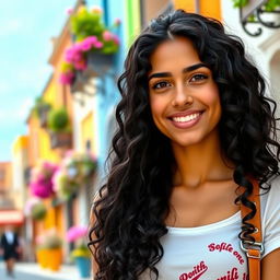 A young Spanish woman with long curly black hair, radiating warmth and confidence