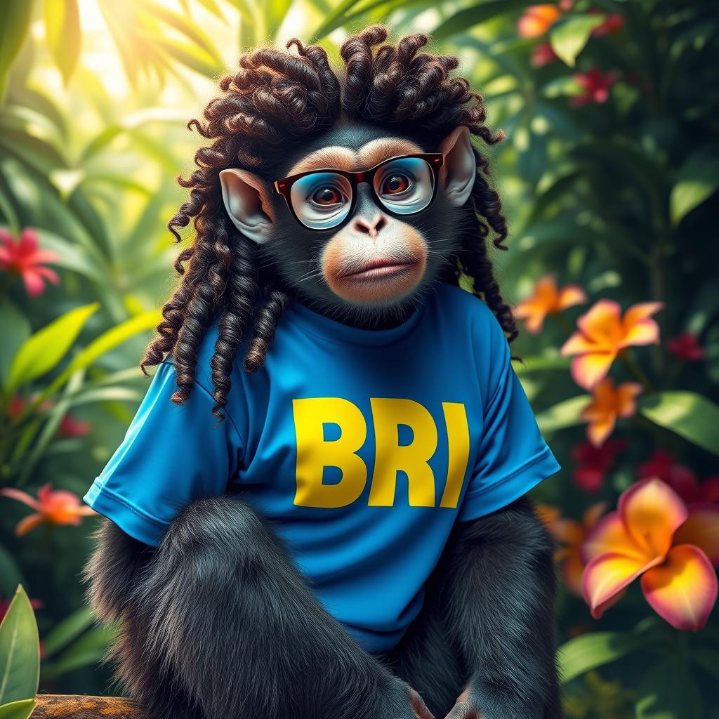 A female monkey with curly long hair, thick eyebrows, and glasses, wearing a vibrant blue BRI shirt