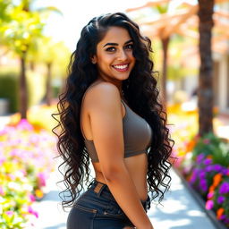 A young Spanish woman with long, curly black hair and a curvy figure