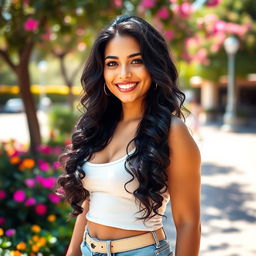 A young Spanish woman with long, curly black hair and a curvy figure